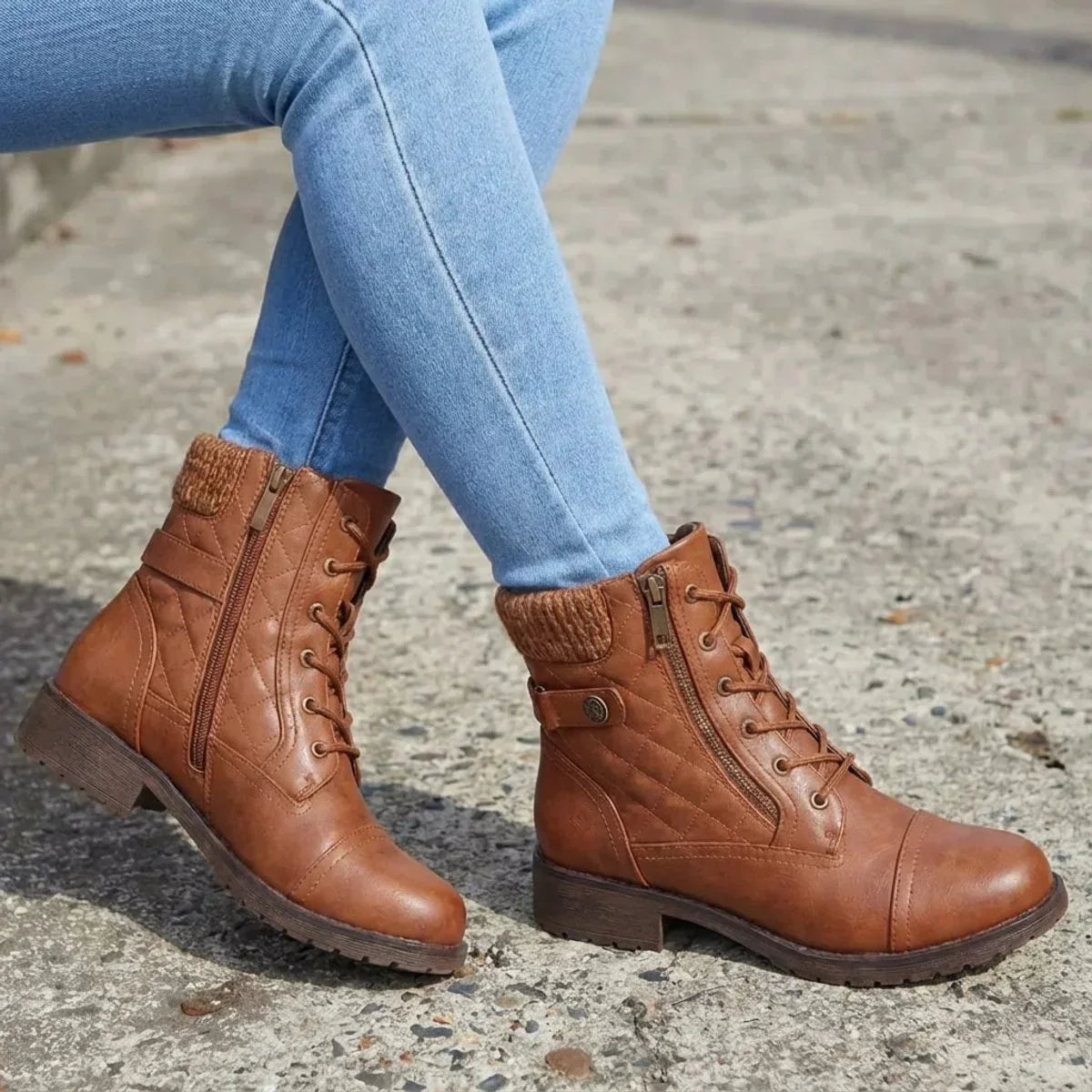 Lacera - Quilted Lace-Up Ankle Boots with Side Zipper