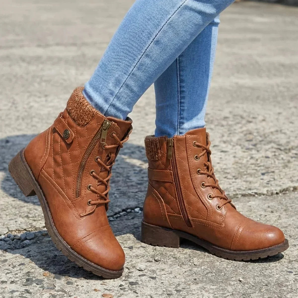 Lacera - Quilted Lace-Up Ankle Boots with Side Zipper