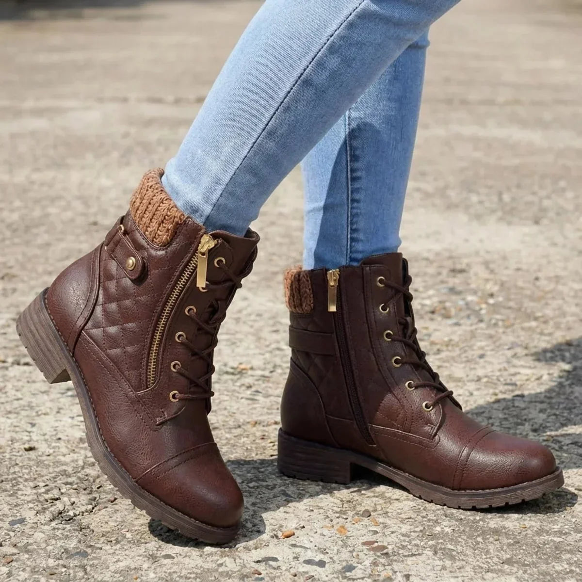 Lacera - Quilted Lace-Up Ankle Boots with Side Zipper