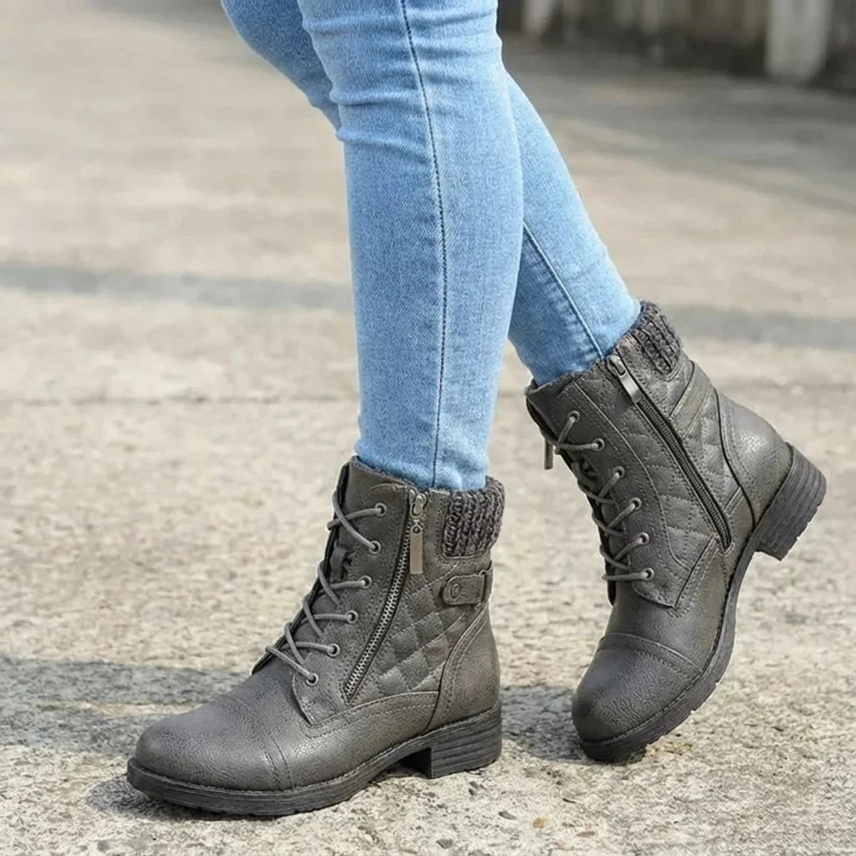 Lacera - Quilted Lace-Up Ankle Boots with Side Zipper