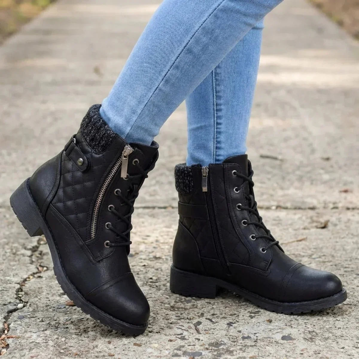 Lacera - Quilted Lace-Up Ankle Boots with Side Zipper