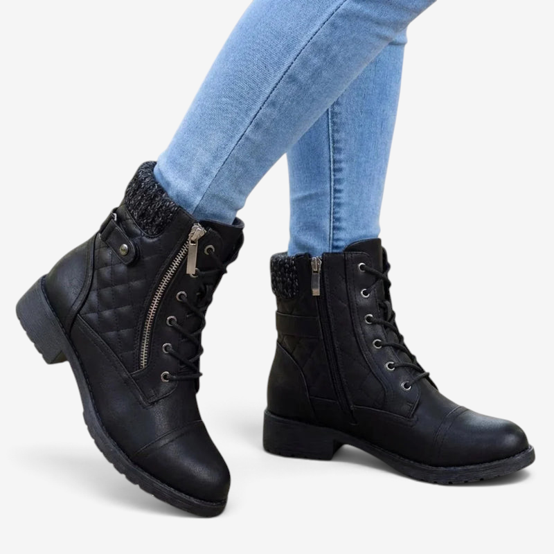 Lacera - Quilted Lace-Up Ankle Boots with Side Zipper