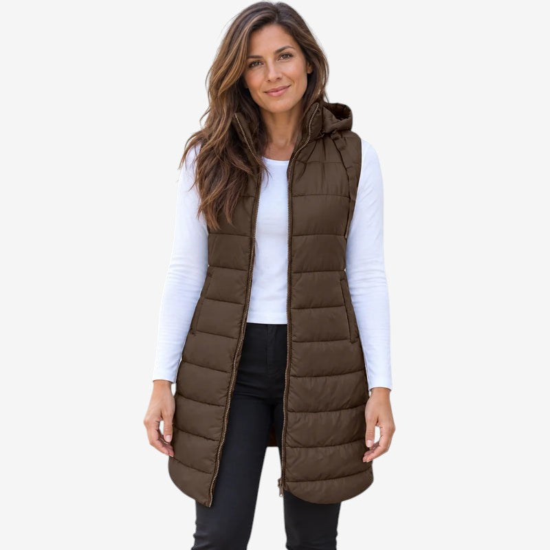 Paddrix - Long Quilted Hooded Vest with Full-Length Zipper