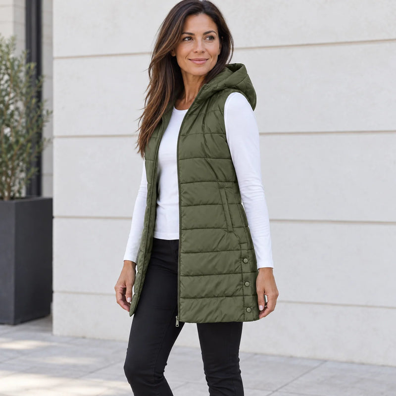 Paddrix - Long Quilted Hooded Vest with Full-Length Zipper