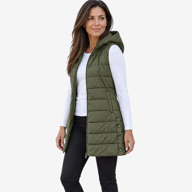 Paddrix - Long Quilted Hooded Vest with Full-Length Zipper
