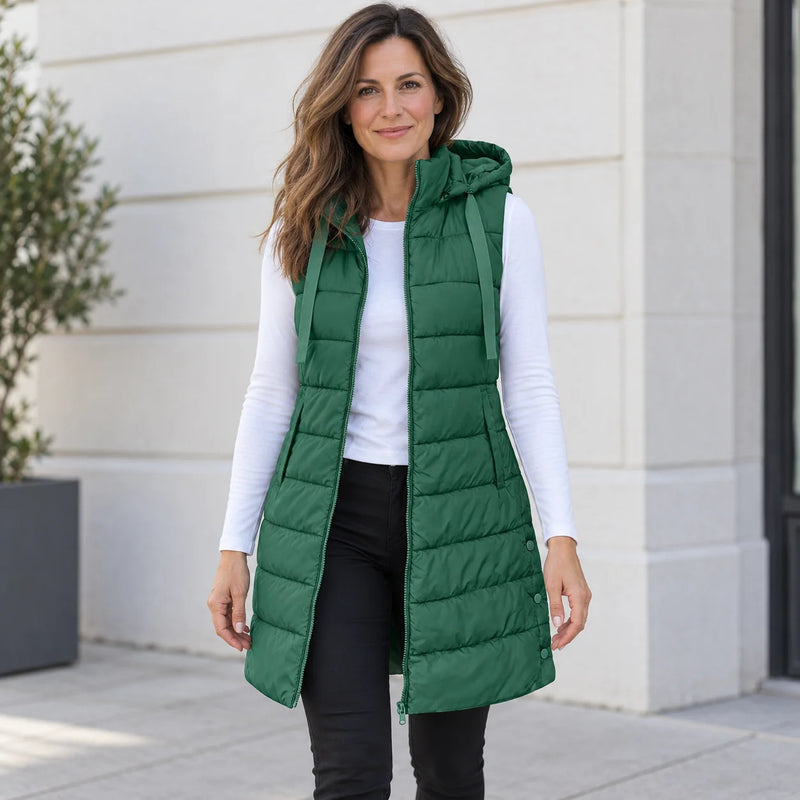 Paddrix - Long Quilted Hooded Vest with Full-Length Zipper
