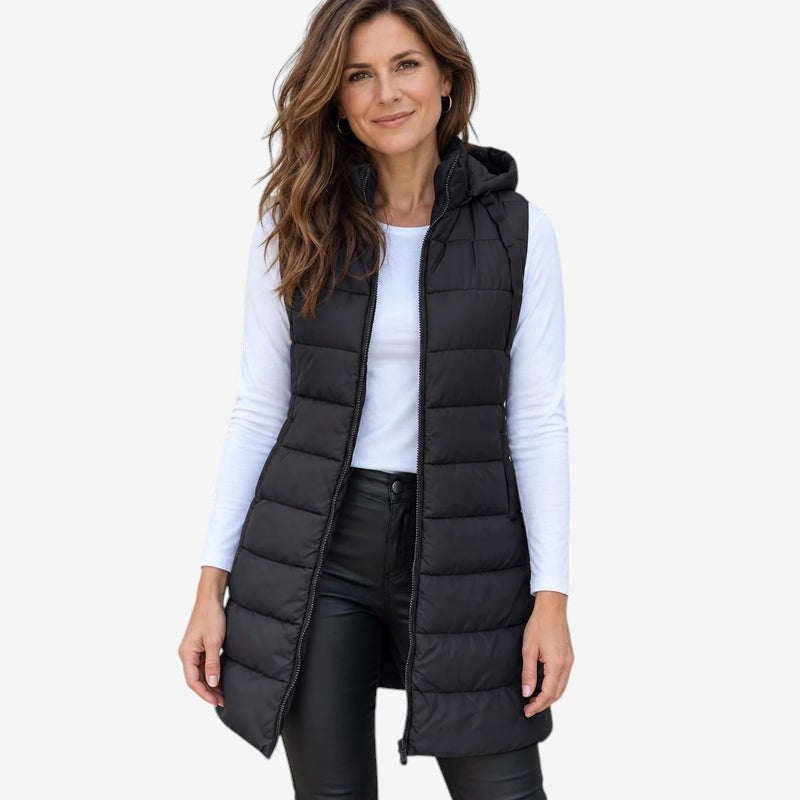 Paddrix - Long Quilted Hooded Vest with Full-Length Zipper