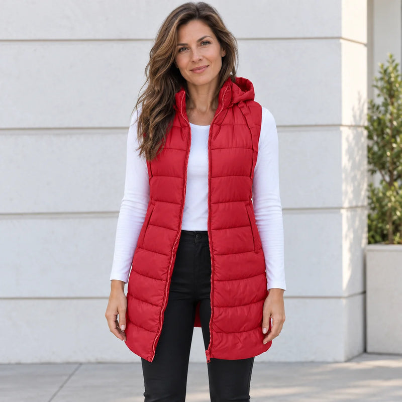 Paddrix - Long Quilted Hooded Vest with Full-Length Zipper