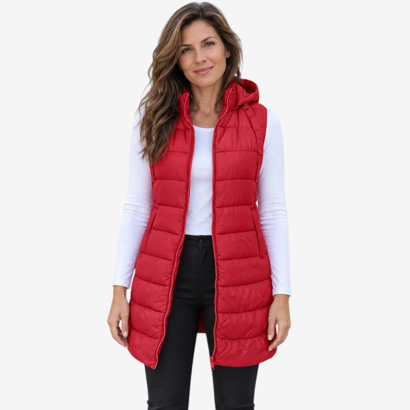 Paddrix - Long Quilted Hooded Vest with Full-Length Zipper