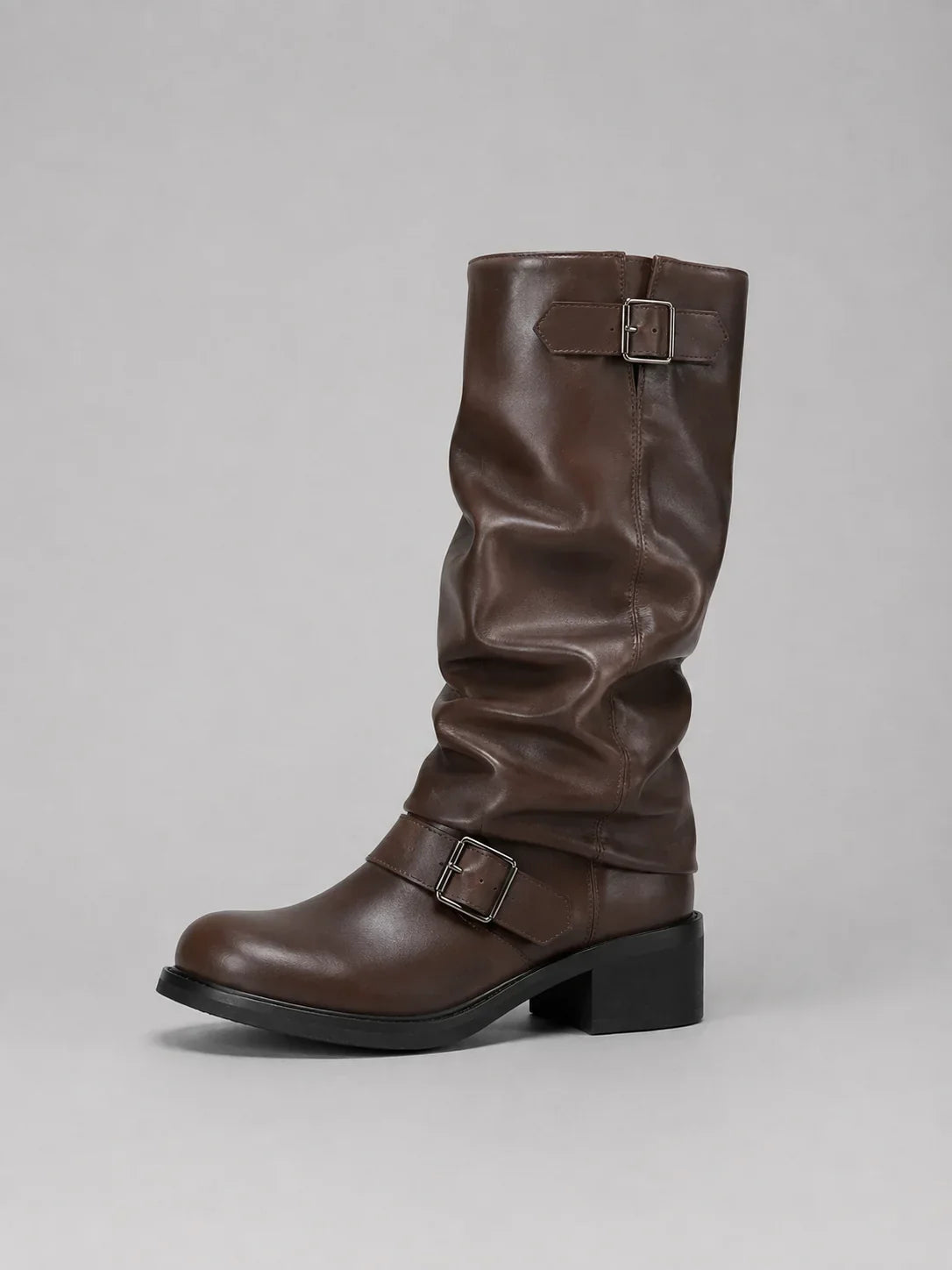 Zipara - High Boots with Ruched Shaft and Double Decorative Buckles