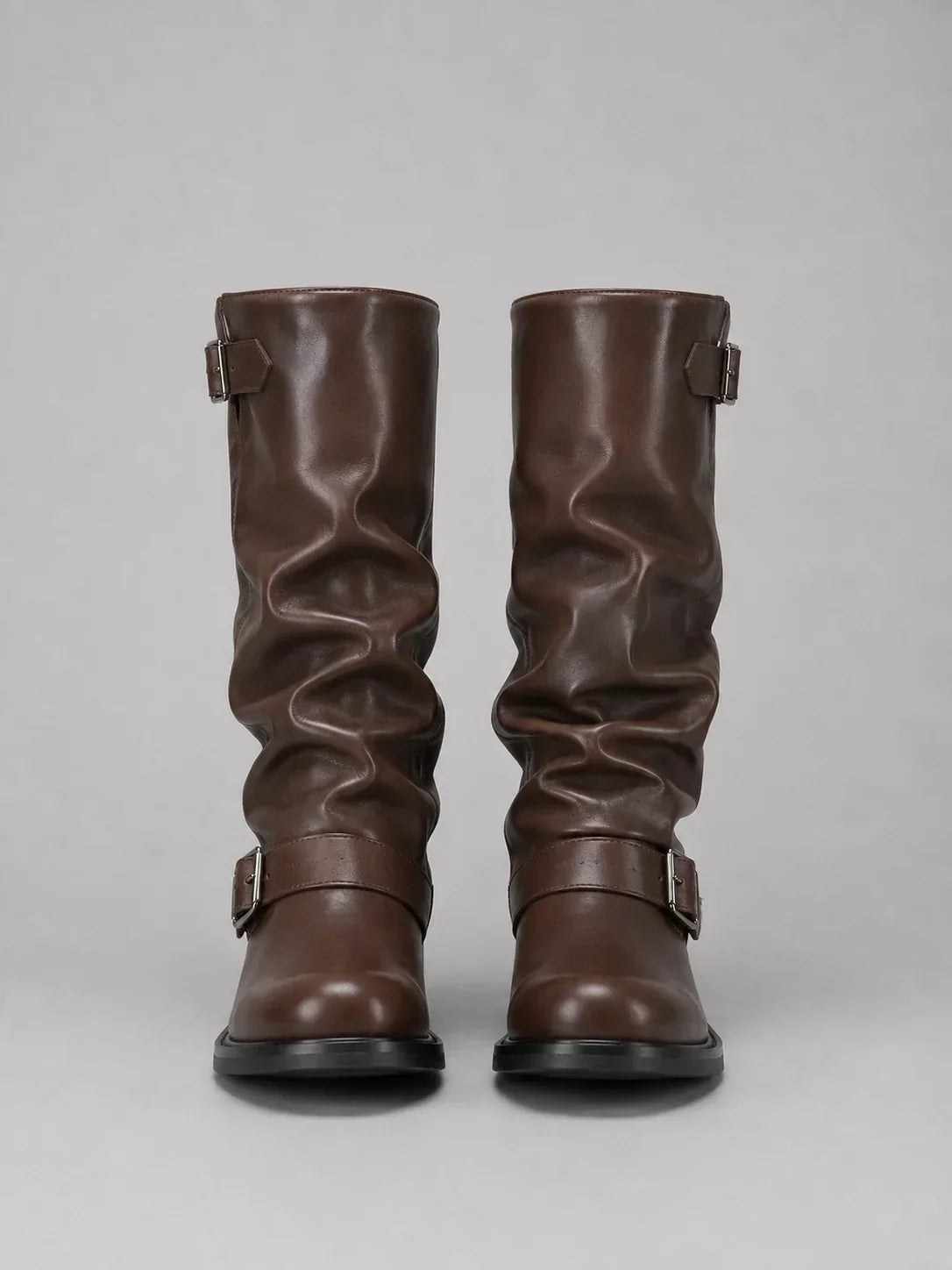 Zipara - High Boots with Ruched Shaft and Double Decorative Buckles