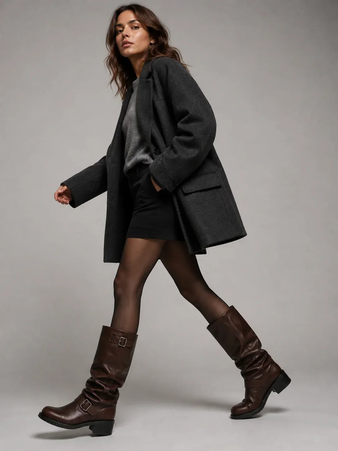 Zipara - High Boots with Ruched Shaft and Double Decorative Buckles