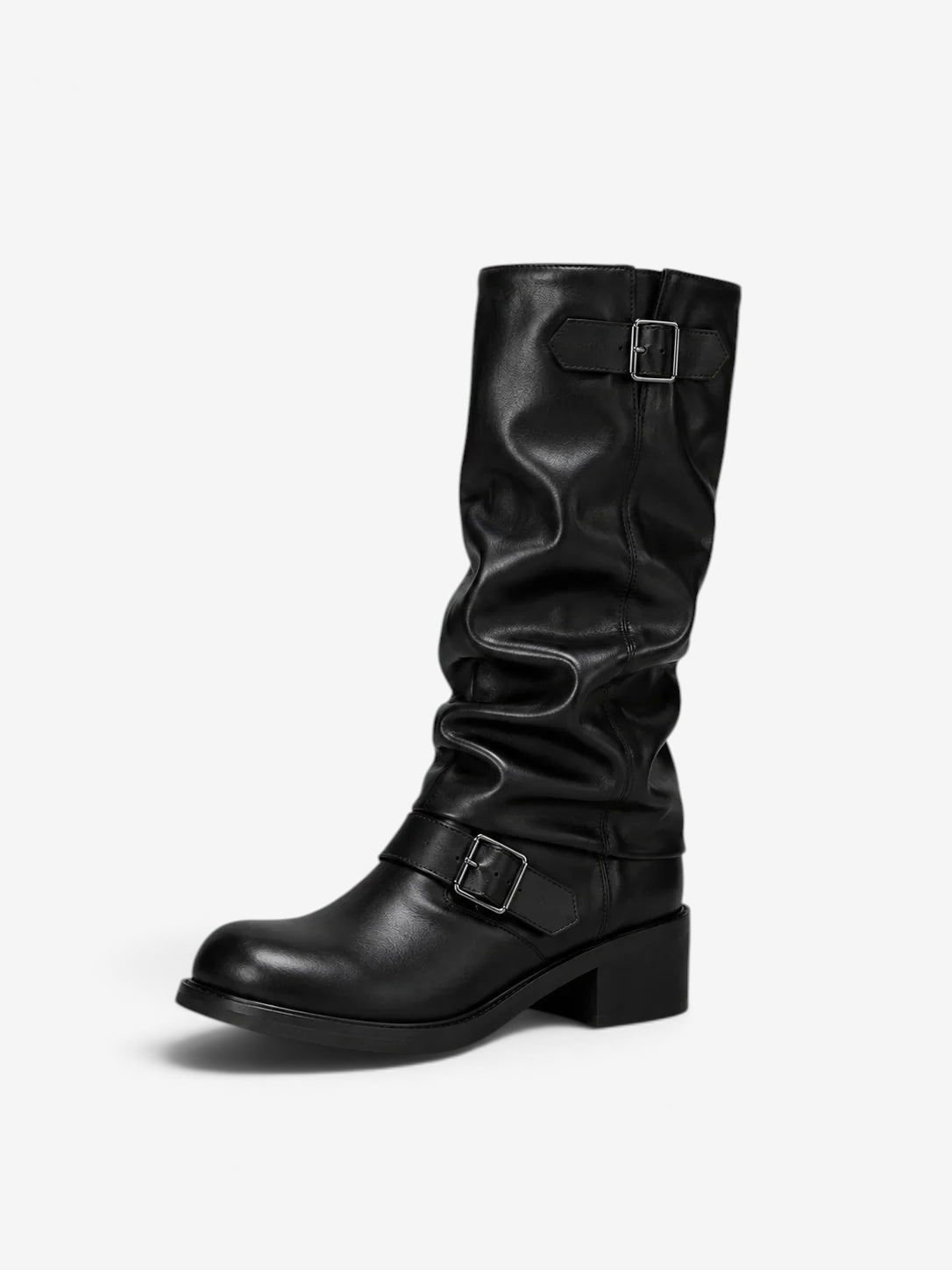 Zipara - High Boots with Ruched Shaft and Double Decorative Buckles