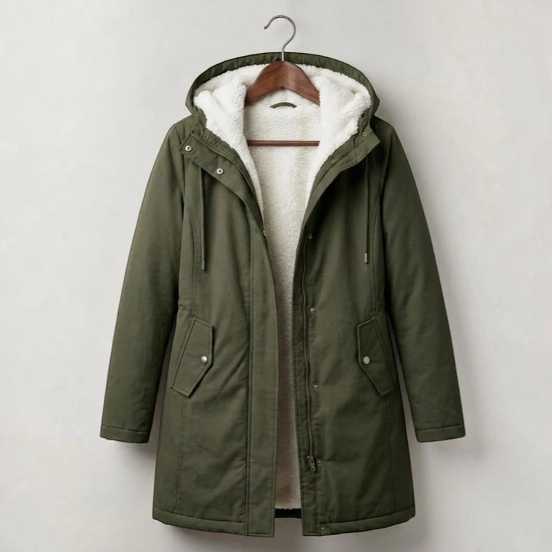 Parklen - Mid-Thigh Parka with Fixed Hood and Structured Waist