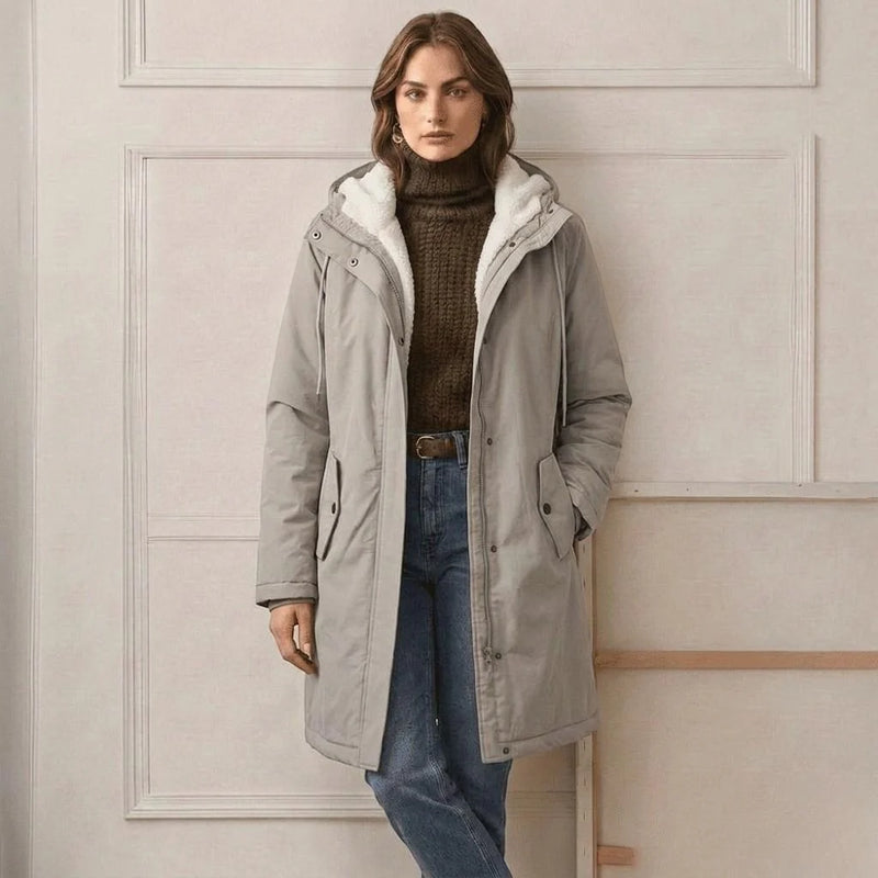 Parklen - Mid-Thigh Parka with Fixed Hood and Structured Waist