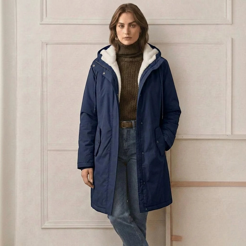 Parklen - Mid-Thigh Parka with Fixed Hood and Structured Waist