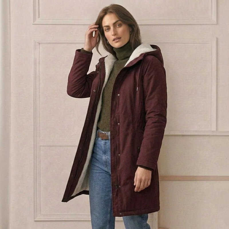 Parklen - Mid-Thigh Parka with Fixed Hood and Structured Waist