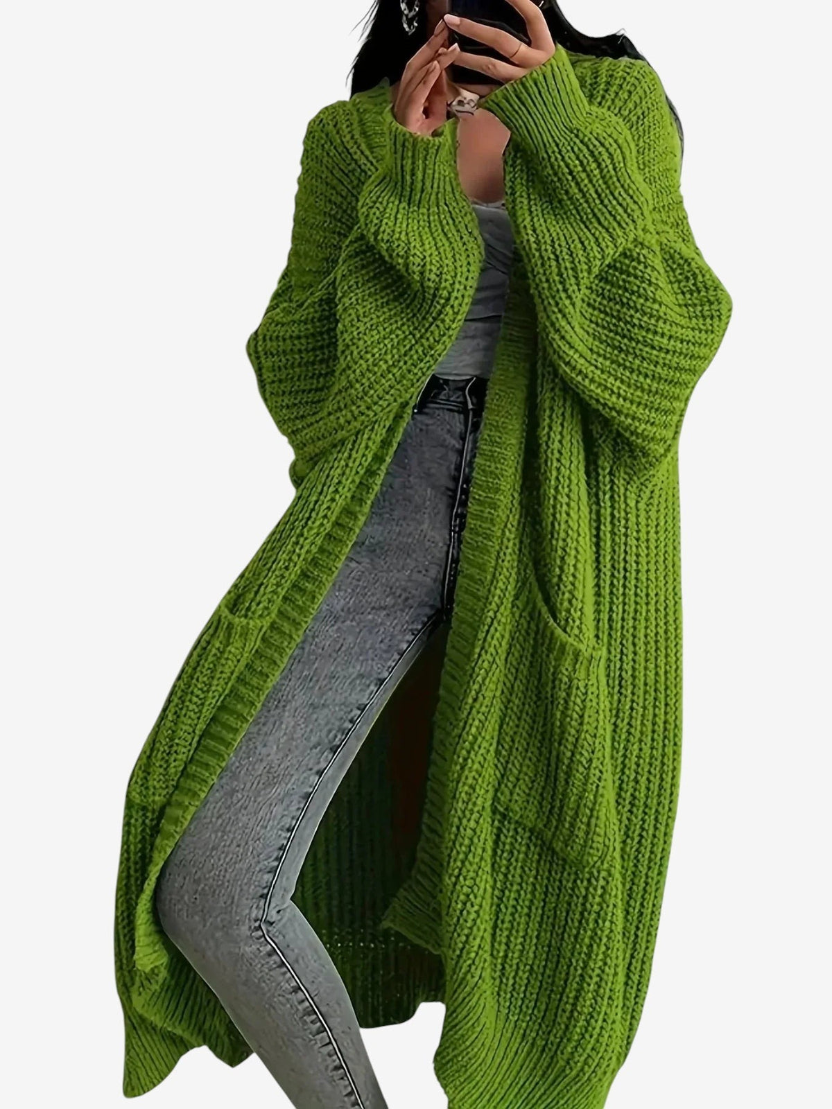 Yarn - Women's Long Cable Knit Cardigan with Round Neck
