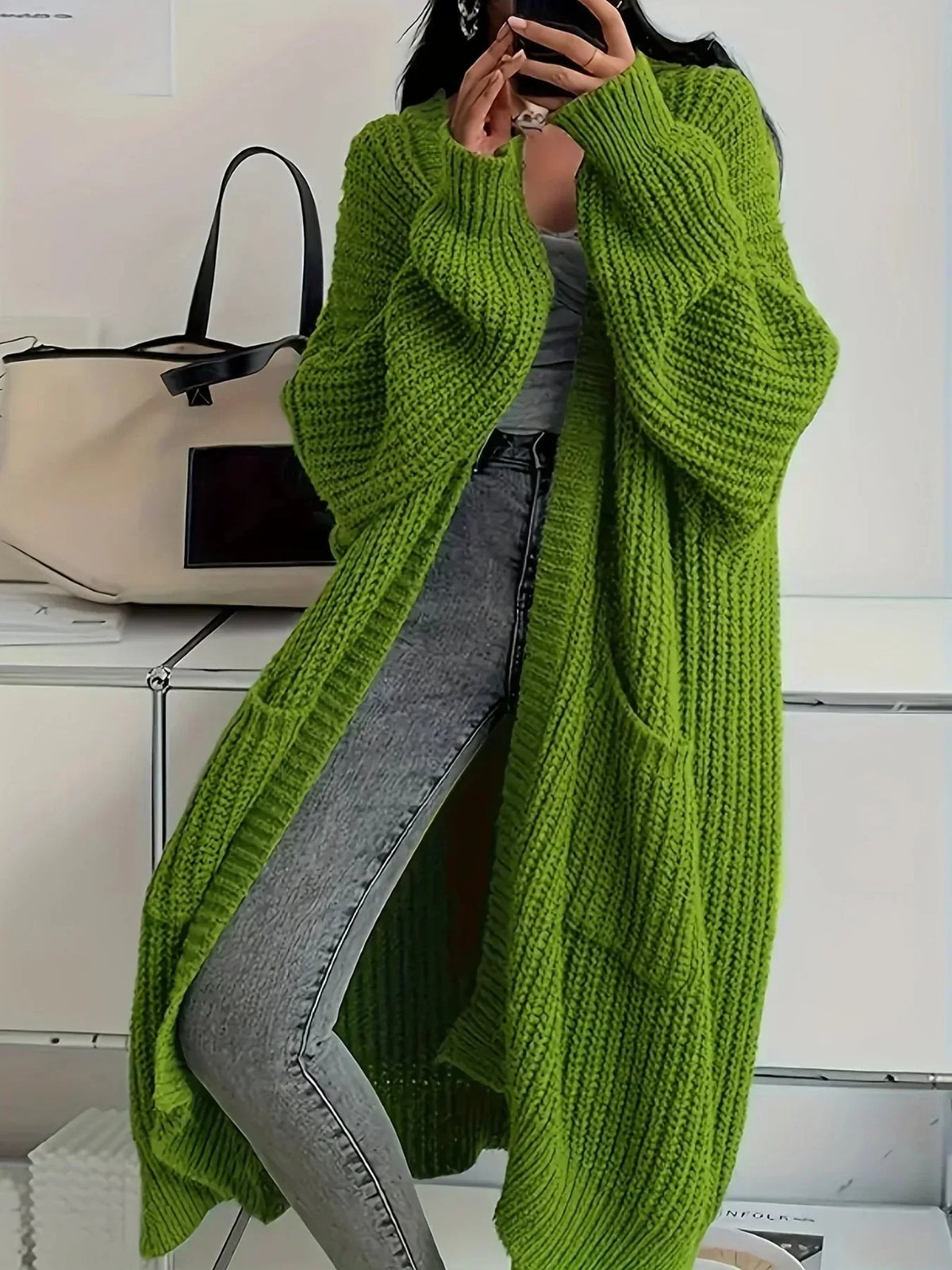 Yarn - Women's Long Cable Knit Cardigan with Round Neck