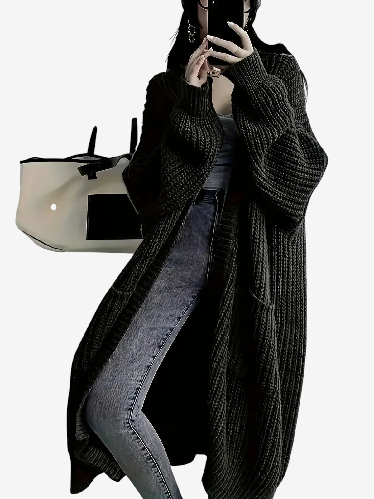 Yarn - Women's Long Cable Knit Cardigan with Round Neck