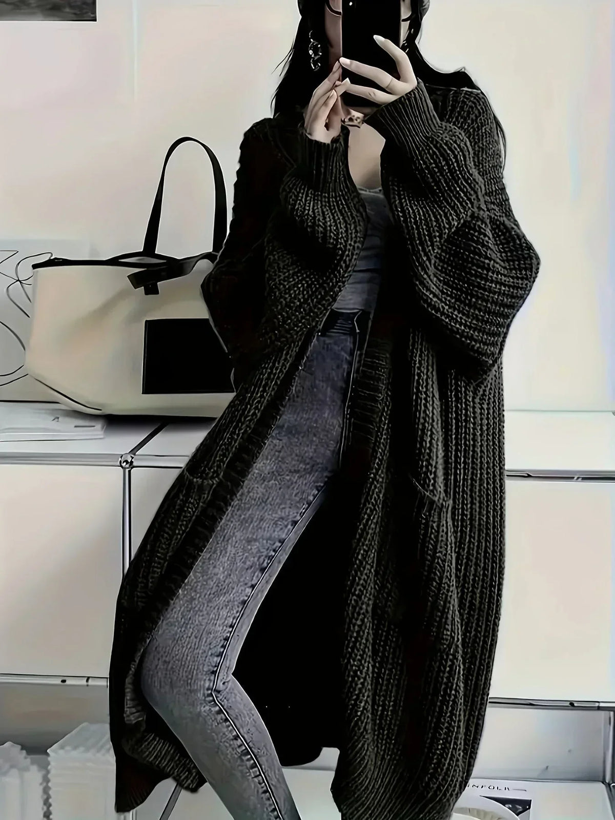 Yarn - Women's Long Cable Knit Cardigan with Round Neck