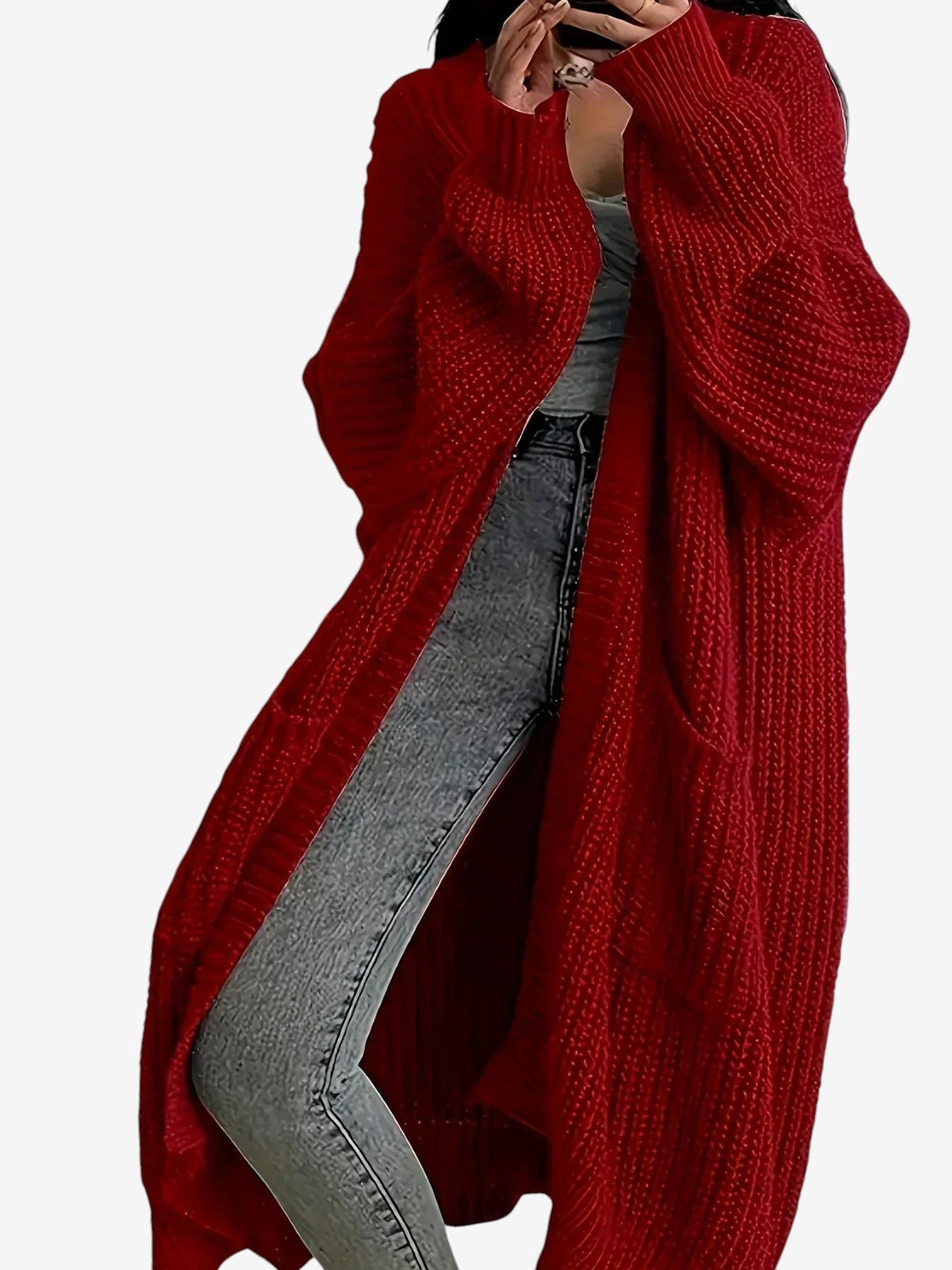 Yarn - Women's Long Cable Knit Cardigan with Round Neck