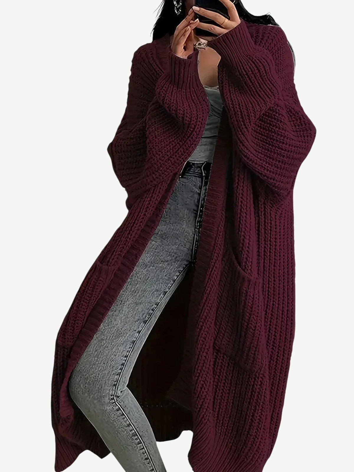 Yarn - Women's Long Cable Knit Cardigan with Round Neck
