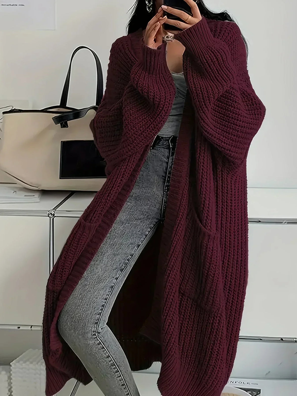 Yarn - Women's Long Cable Knit Cardigan with Round Neck