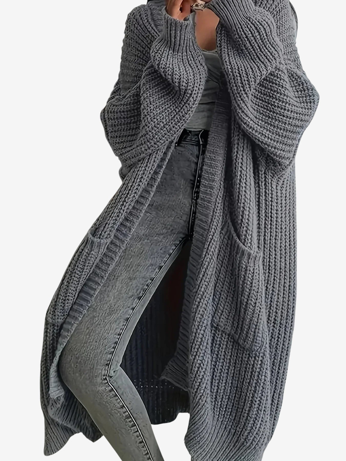 Yarn - Women's Long Cable Knit Cardigan with Round Neck