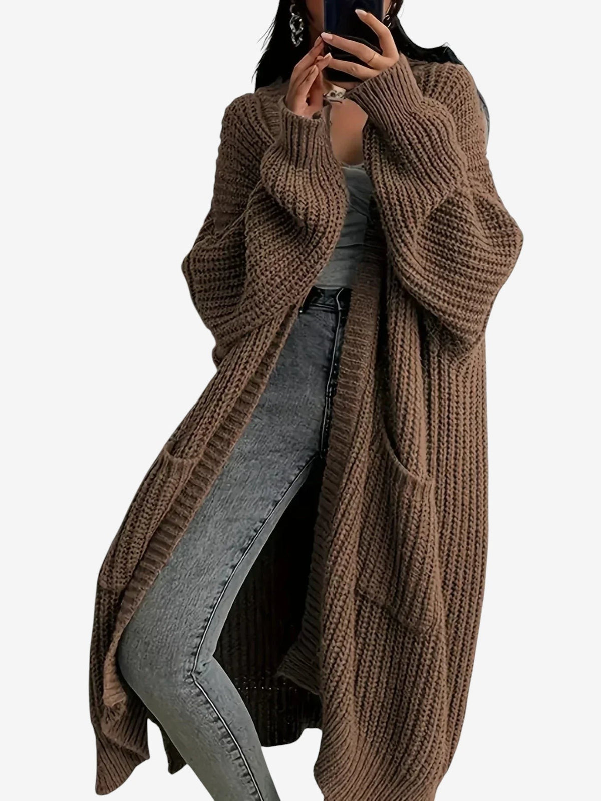 Yarn - Women's Long Cable Knit Cardigan with Round Neck