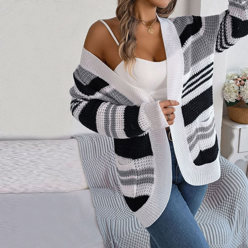 Knit - Open Cardigan with Multicolor Striped Pattern