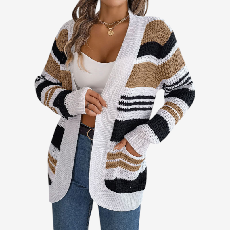 Knit - Open Cardigan with Multicolor Striped Pattern