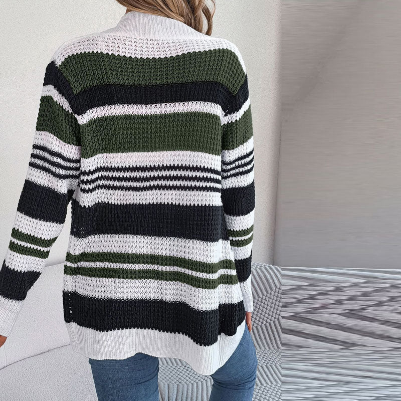 Knit - Open Cardigan with Multicolor Striped Pattern