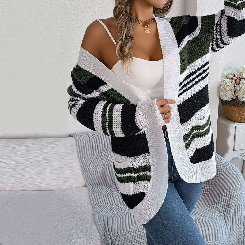 Knit - Open Cardigan with Multicolor Striped Pattern