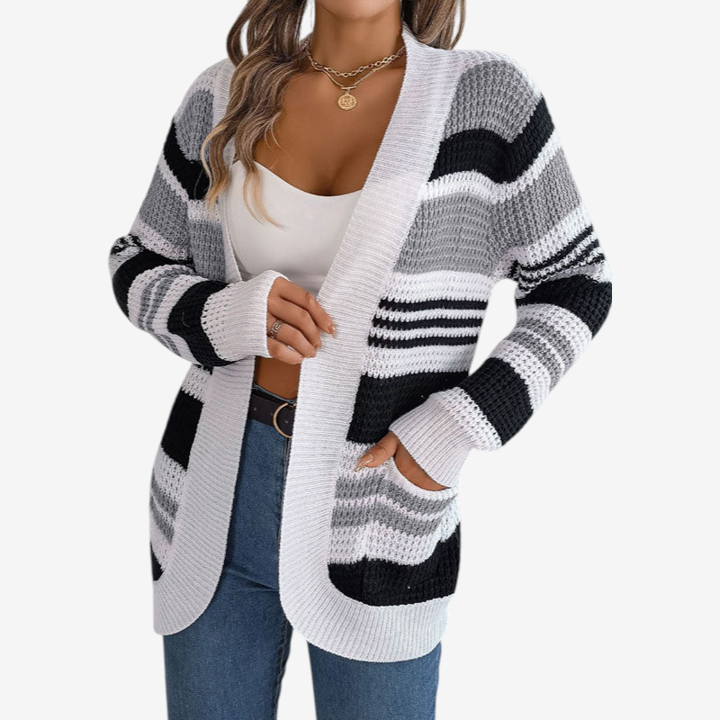 Knit - Open Cardigan with Multicolor Striped Pattern