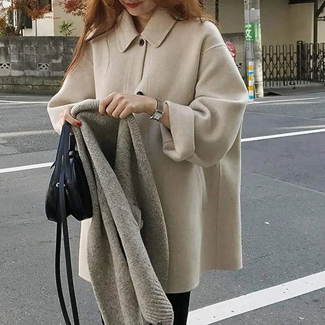 Folden - Long Jacket with Turn-Down Collar and Button Closure