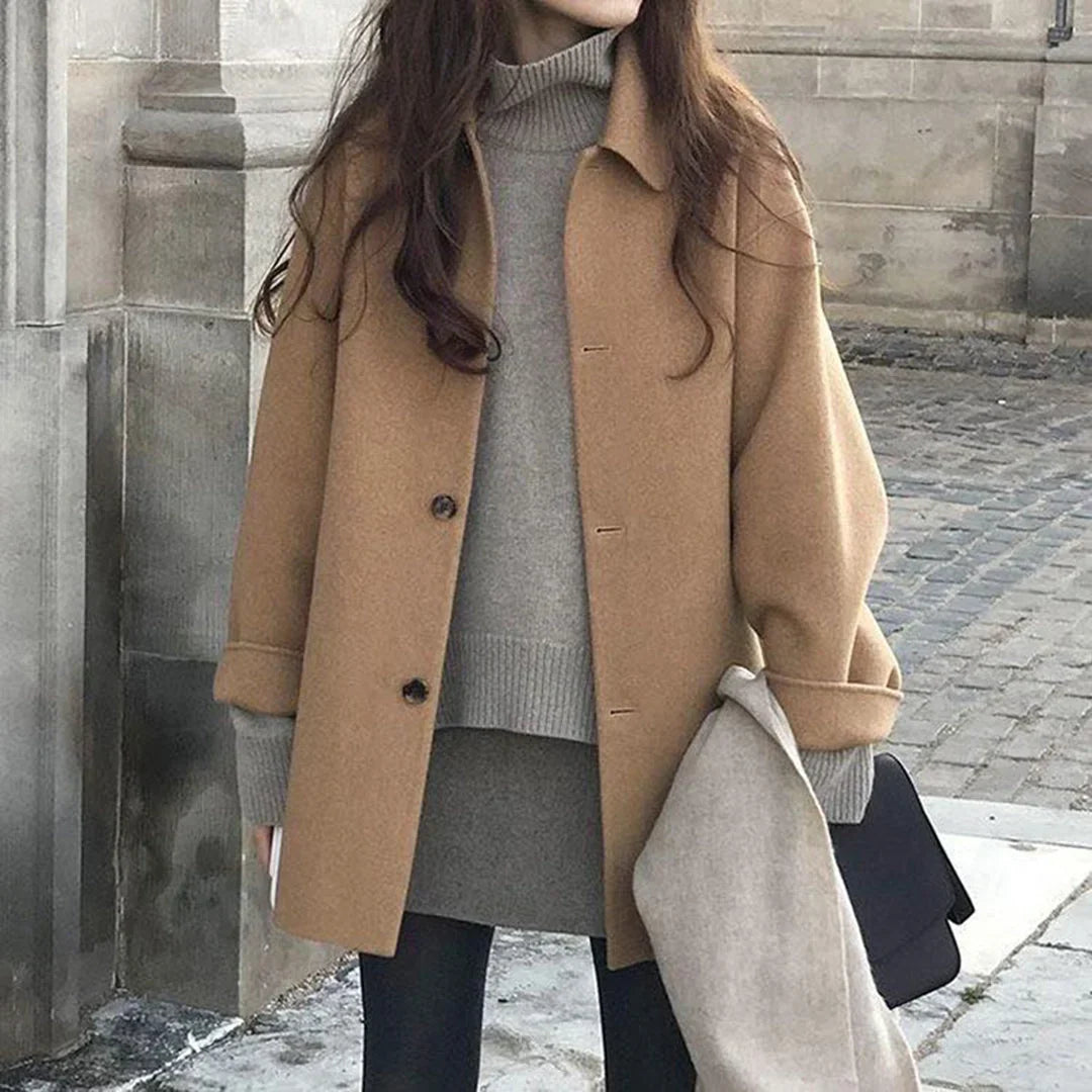 Folden - Long Jacket with Turn-Down Collar and Button Closure