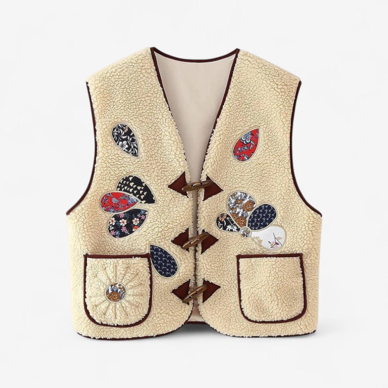 Lily – Sleeveless printed jacket with V neck and pockets