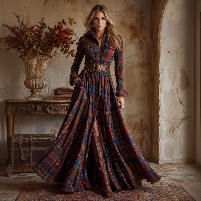 Women's Long Sleeve Button-Up Dress with Folded Collar