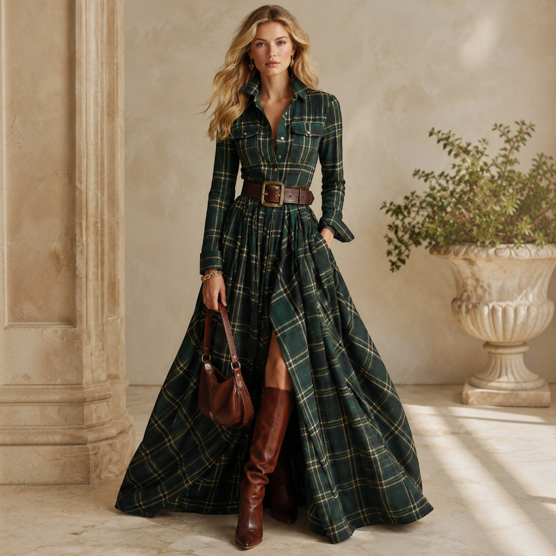 Women's Long Sleeve Button-Up Dress with Folded Collar