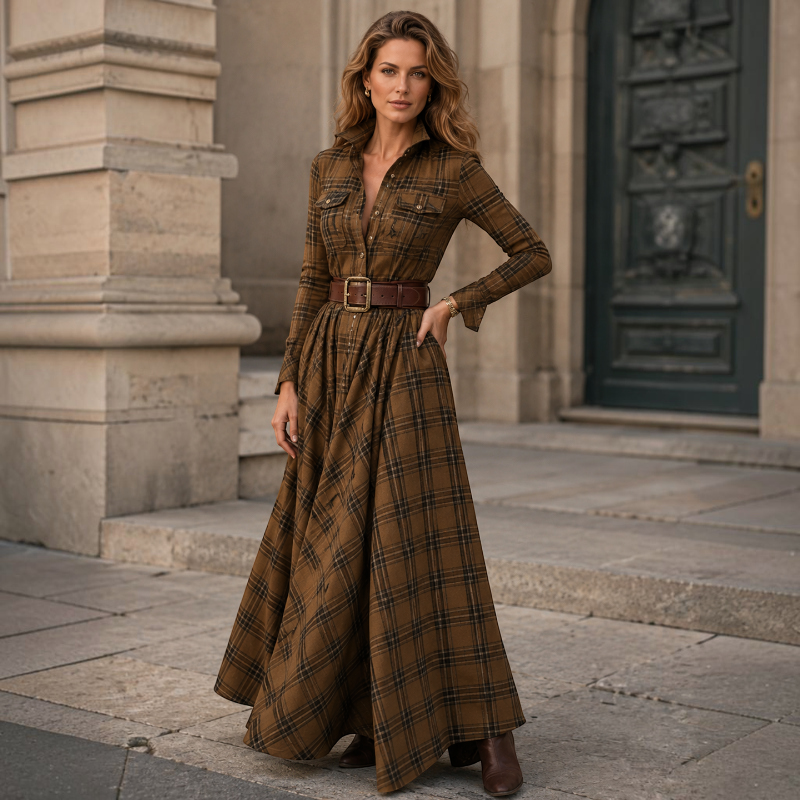 Women's Long Sleeve Button-Up Dress with Folded Collar