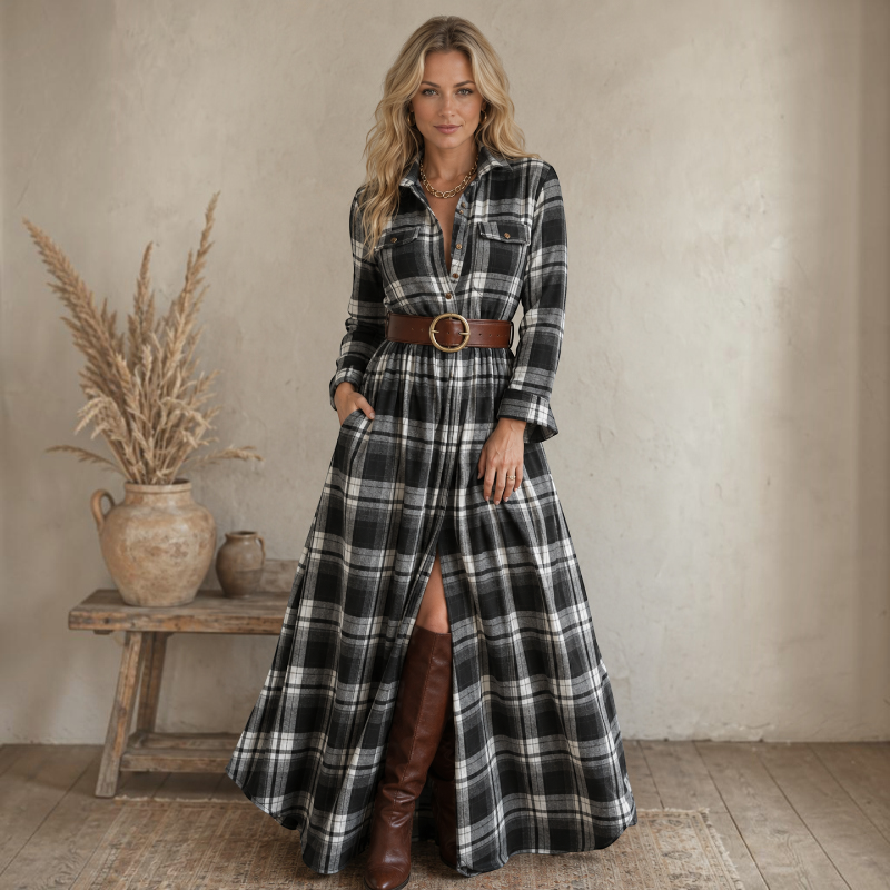 Women's Long Sleeve Button-Up Dress with Folded Collar
