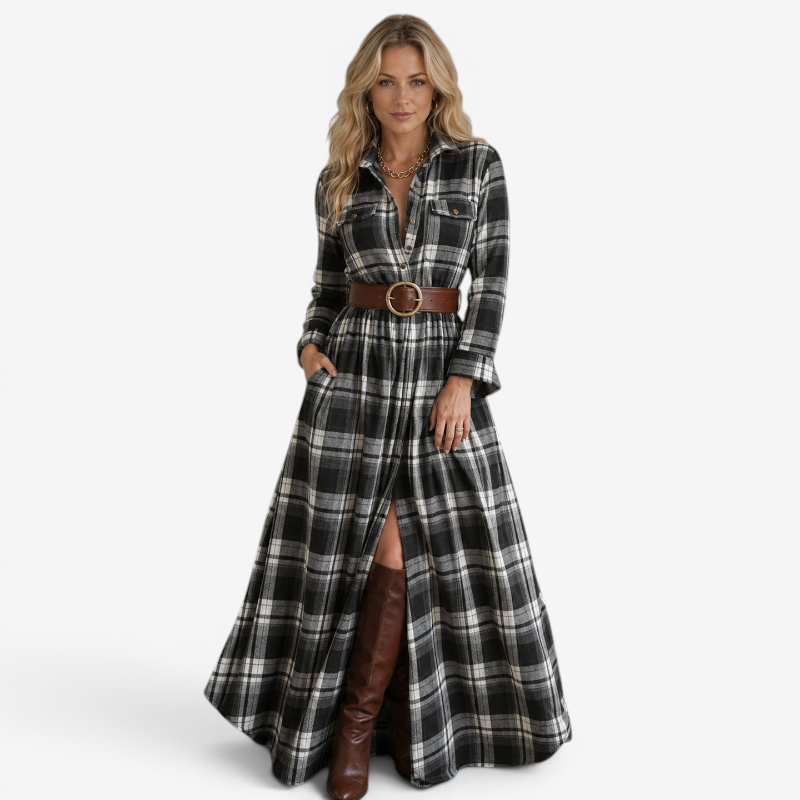 Women's Long Sleeve Button-Up Dress with Folded Collar