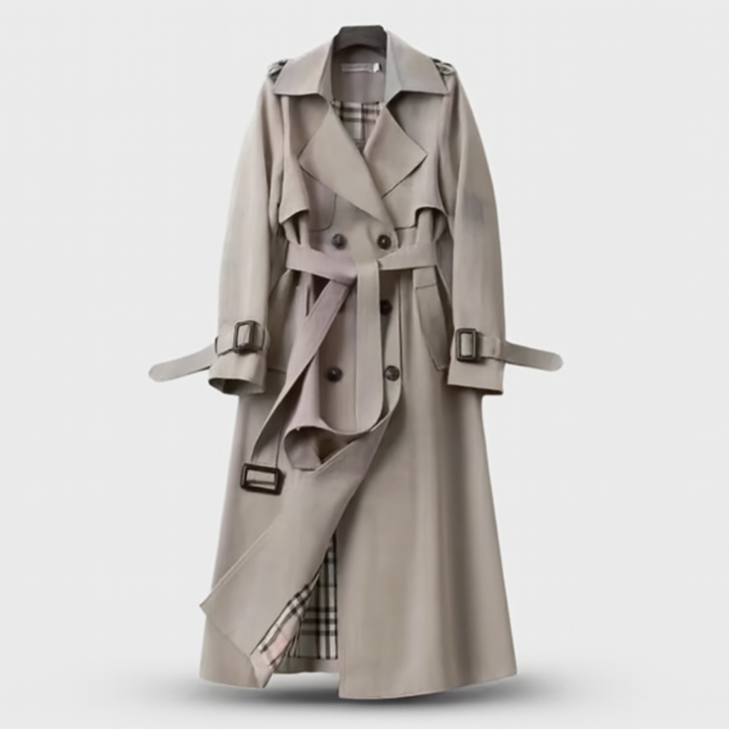 Emily – Lange Trenchcoat met Voorzijde Knoopsluiting en Ceintuur Velani