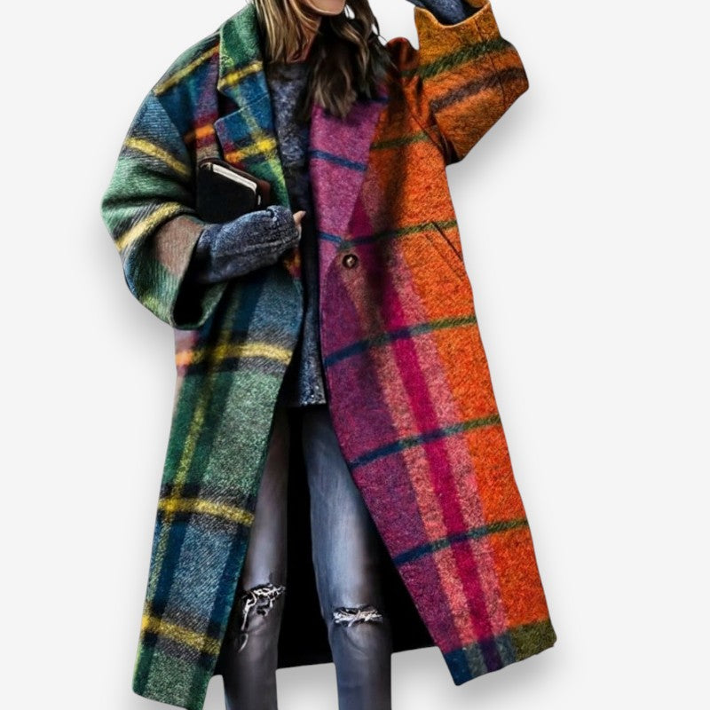 Olivia – Long Sleeve Coat with Down Collar and Printed Pattern Design