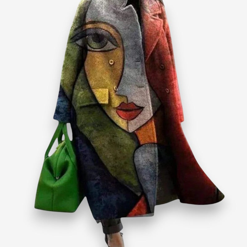 Olivia – Long Sleeve Coat with Down Collar and Printed Pattern Design