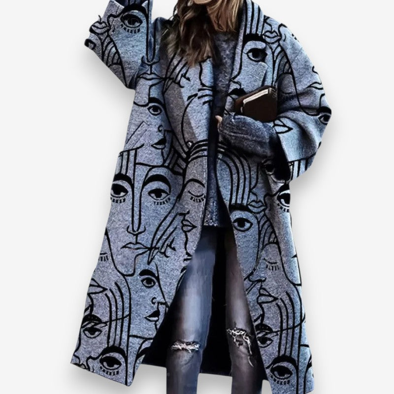 Olivia – Long Sleeve Coat with Down Collar and Printed Pattern Design