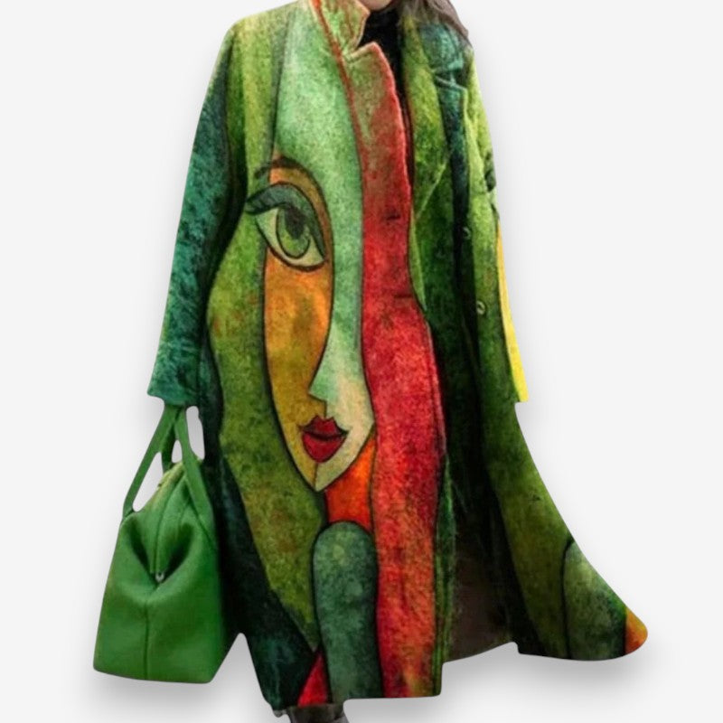 Olivia – Long Sleeve Coat with Down Collar and Printed Pattern Design