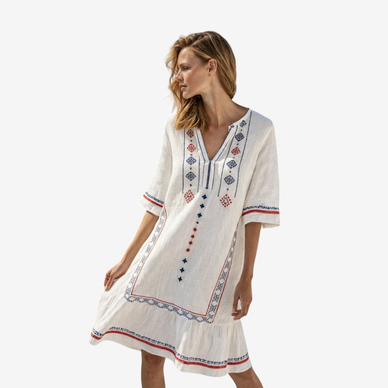 Chic Bohemian Midi Dress with Short Sleeves