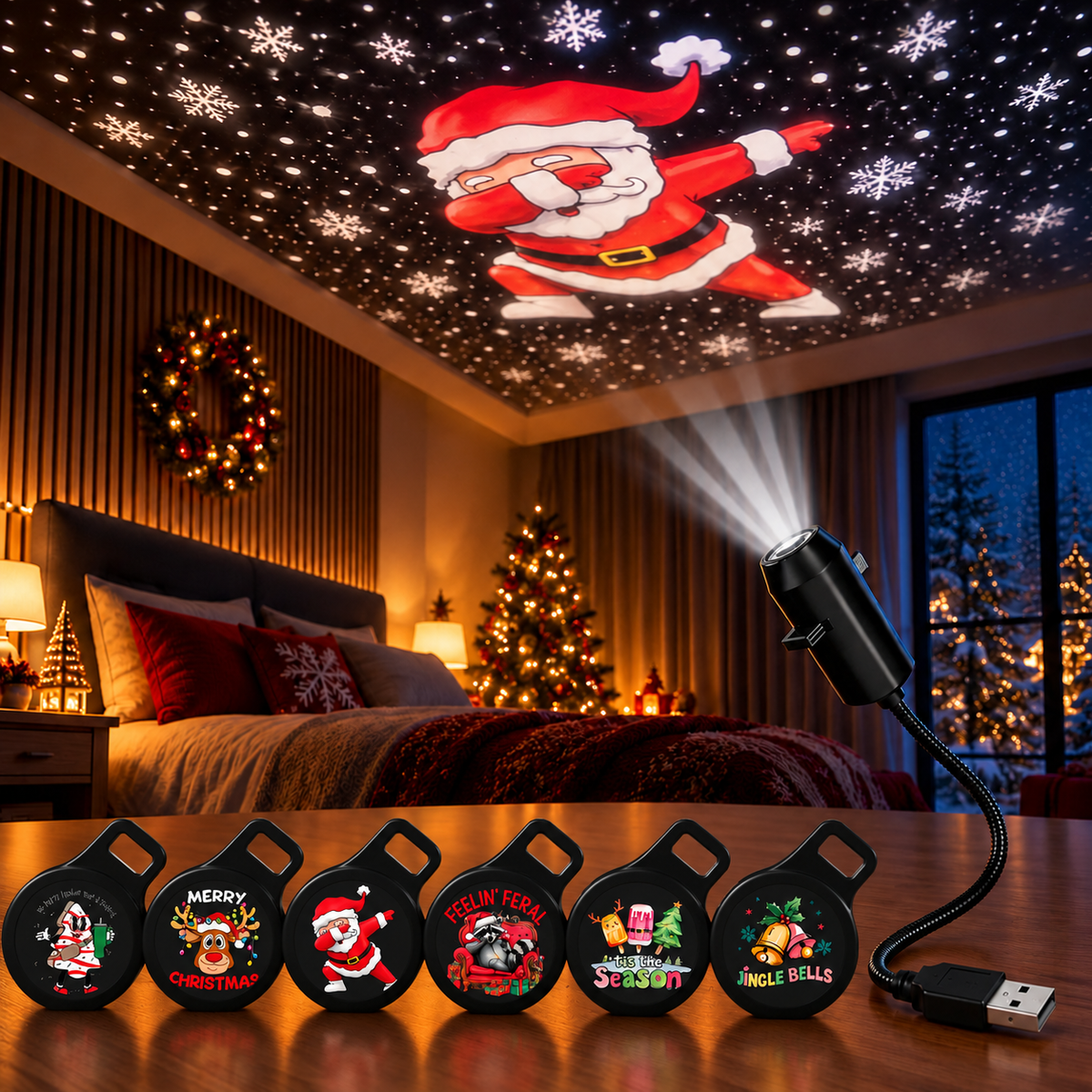 GlowMerry - USB LED Christmas Projector Lamp with Festive Patterns